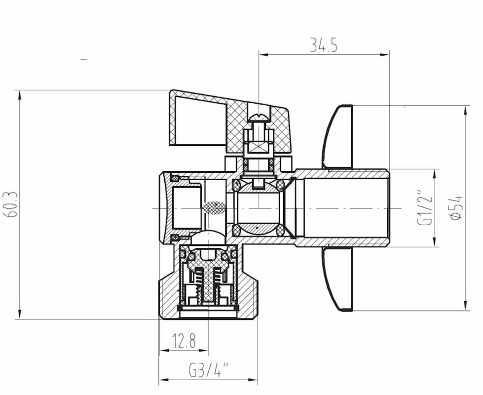 Potpuno metalni kutni ventil Optima 1/2x3/4 s plastičnom klapnom i integriranim filtrom