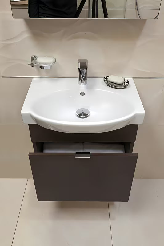 Smeđi samostojeći kutija s poklopcem Optima Soreta modernog okruglog dizajna za kupaonicu.