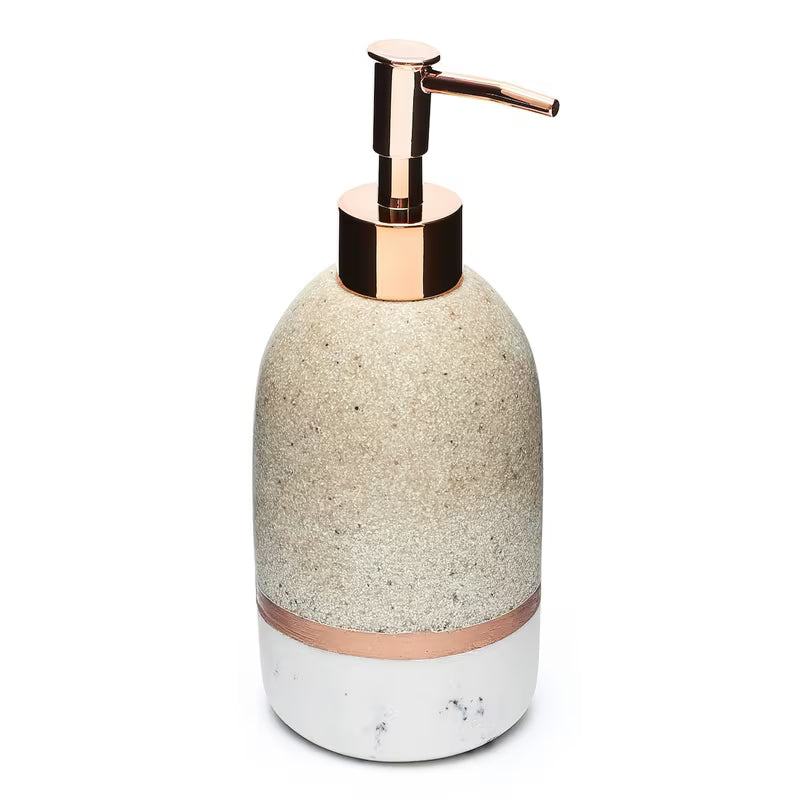 Samostojeći dozator za tekući sapun Optima Tera u dekoru light-limestone s pumpicom rose gold.