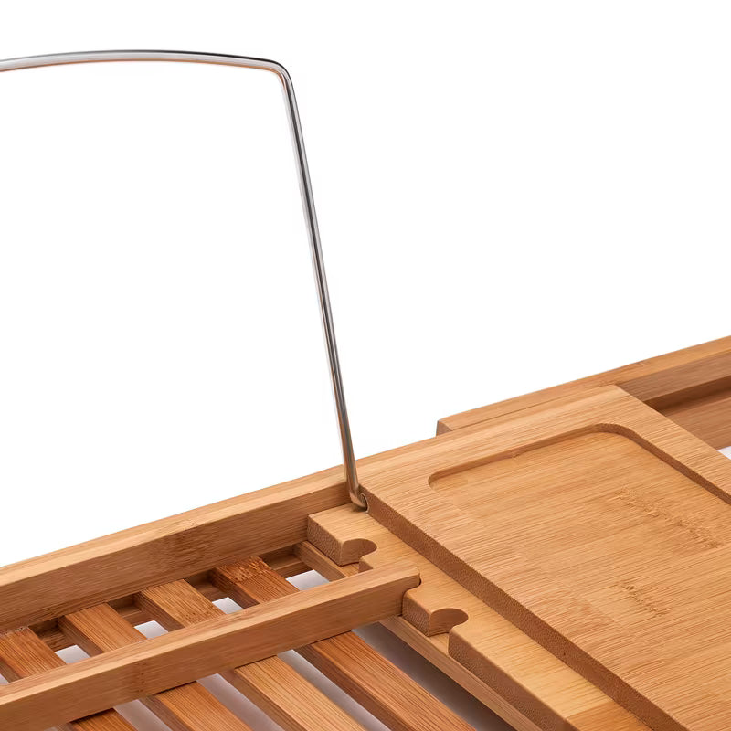 Smeđa bambusova polica za kadu Optima s podesivom duljinom i mjestom za knjigu, čašu i sitnice.