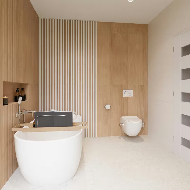 Smeđa bambusova polica za kadu Optima s podesivom duljinom i mjestom za knjigu, čašu i sitnice.