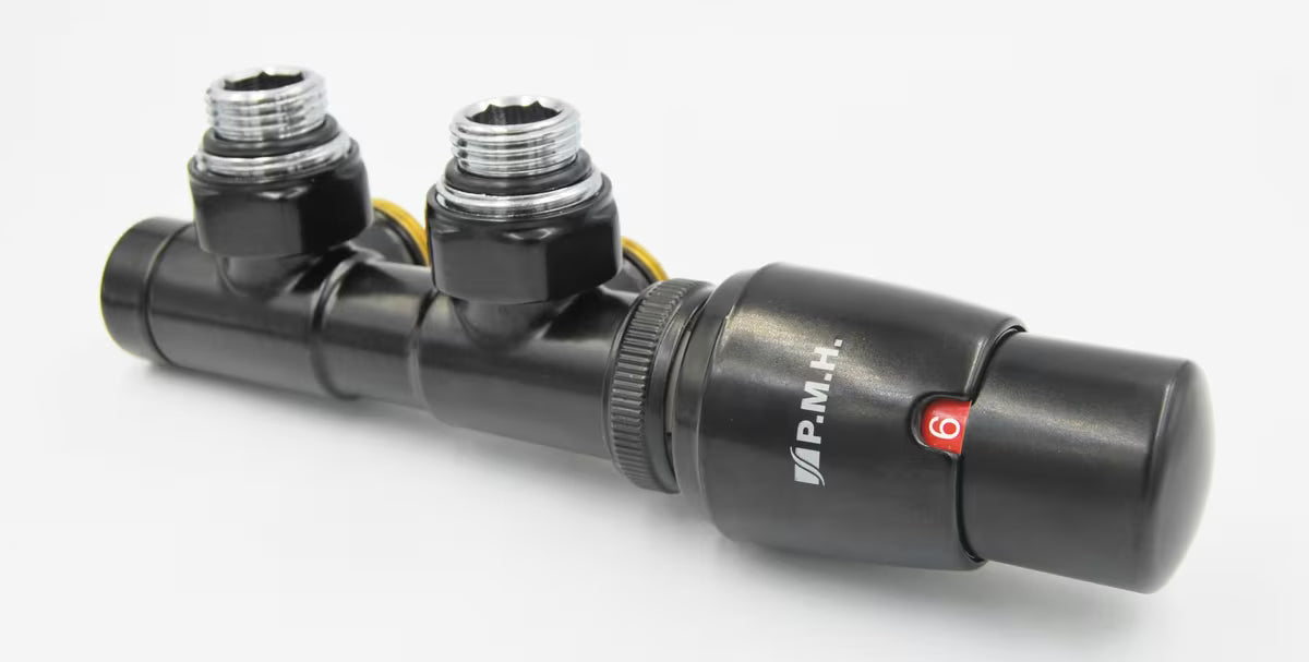 P.M.H. Term termostatski kutni ventil pro sa središnjim priključkom radijatora u mat crnoj boji