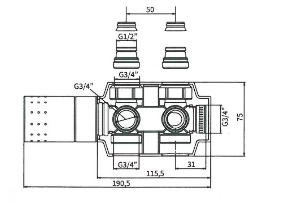 Bijeli univerzalni termostatski ventil pro radijator sa središnjim priključkom i razmakom 50 mm.