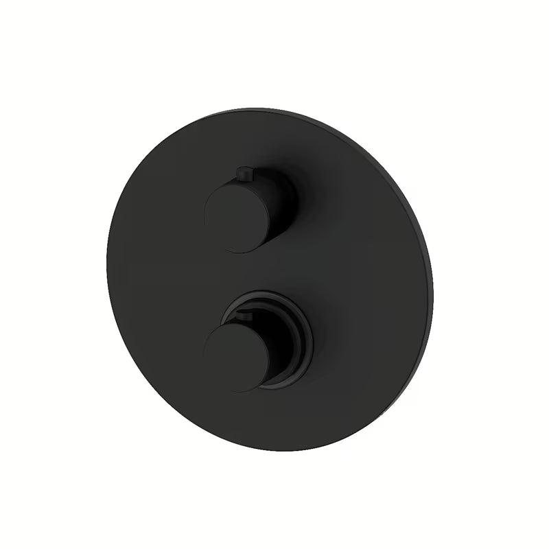 Podžbukna termostatska miješalica za tuš Paffoni Light u mat crnoj boji s preklopnikom i rozetom od nehrđajućeg čelika.