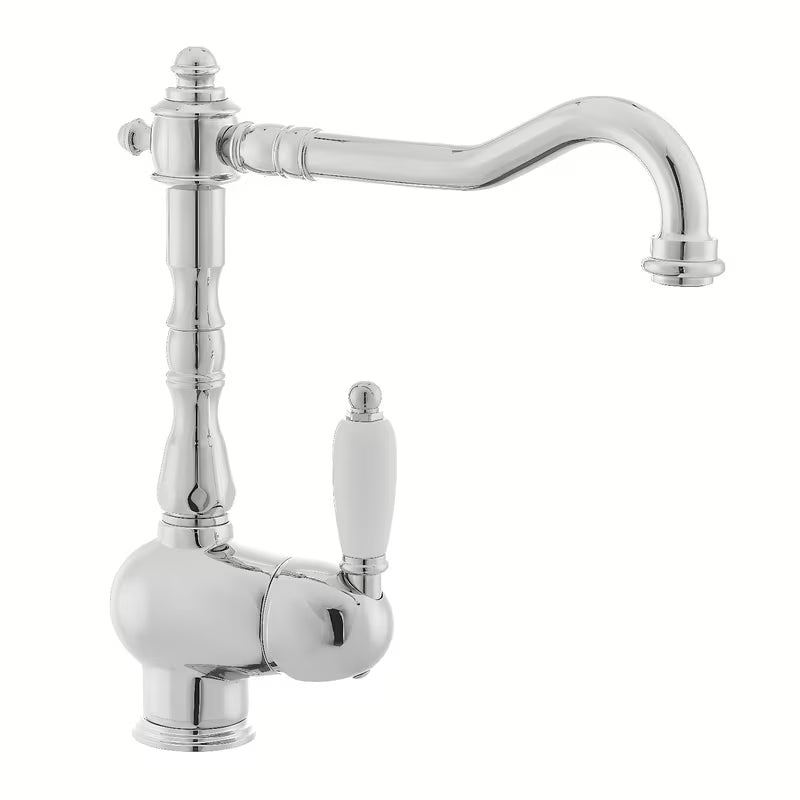 Kromirana miješalica za sudoper Paffoni Ricordi u retro zaobljenom dizajnu s polugom i zakretnim izljevom.