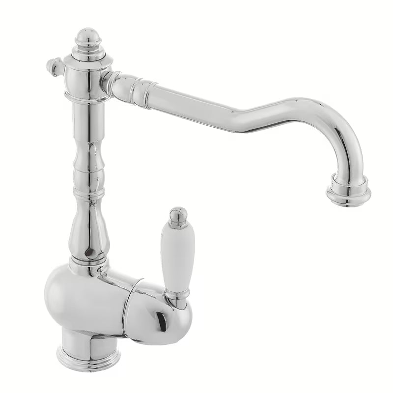 Kromirana miješalica za sudoper Paffoni Ricordi u retro zaobljenom dizajnu s polugom i zakretnim izljevom.