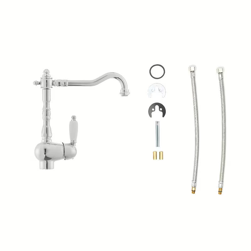 Kromirana miješalica za sudoper Paffoni Ricordi u retro zaobljenom dizajnu s polugom i zakretnim izljevom.