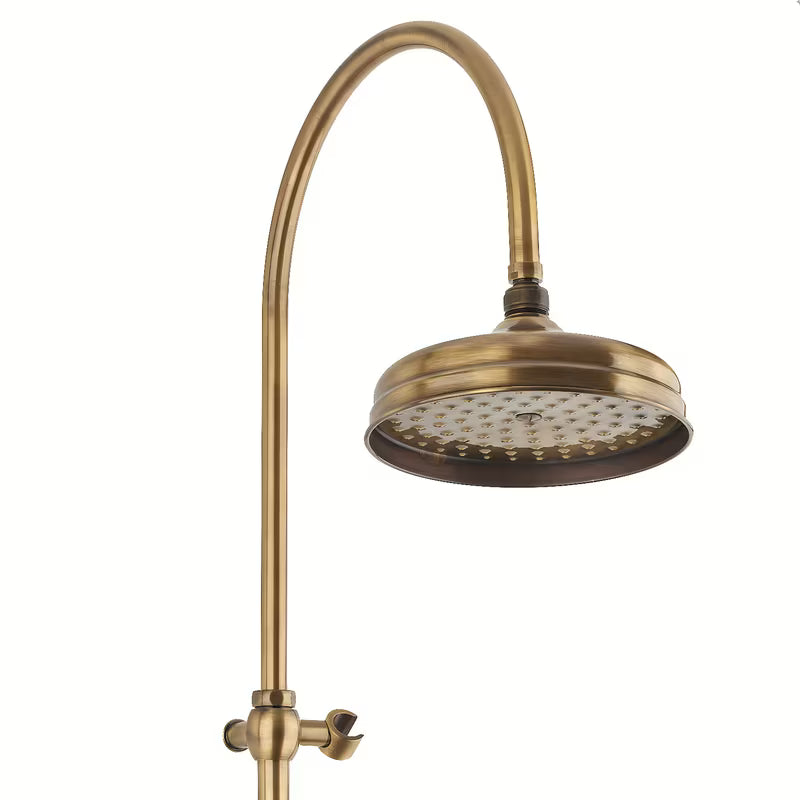 Paffoni Ricordi brončani tuš sustav u retro dizajnu s nadglavnim i ručnim tušem te zidnom slavinom.