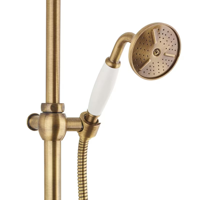 Paffoni Ricordi brončani tuš sustav u retro dizajnu s nadglavnim i ručnim tušem te zidnom slavinom.