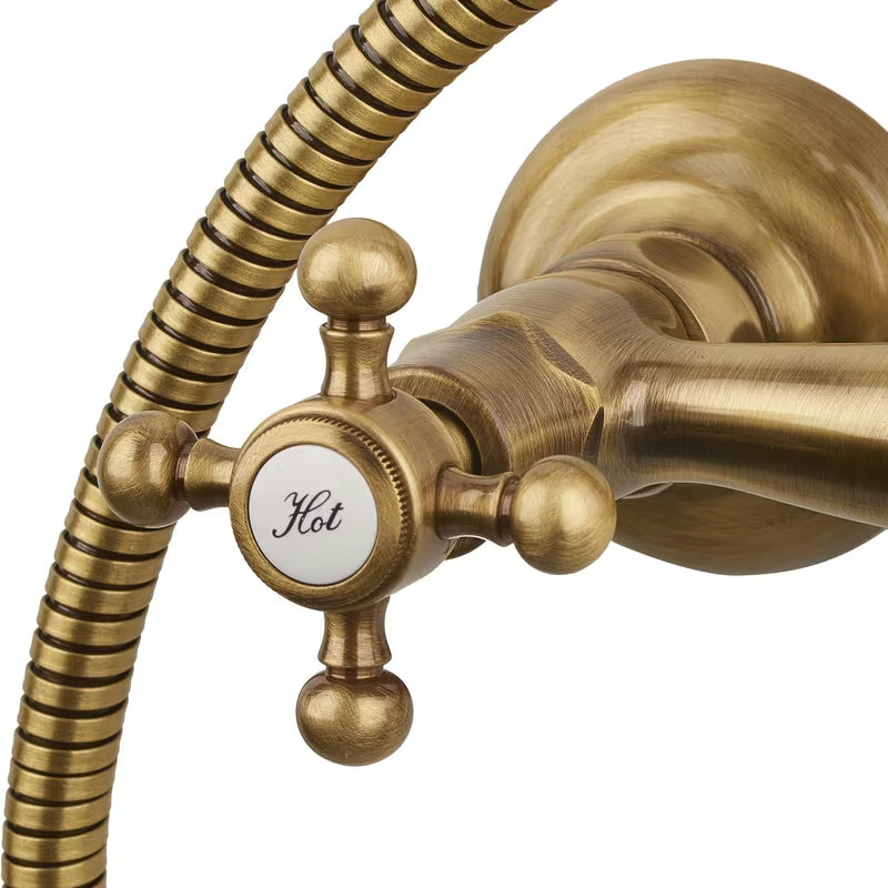 Paffoni Ricordi brončani tuš sustav u retro dizajnu s nadglavnim i ručnim tušem te zidnom slavinom.