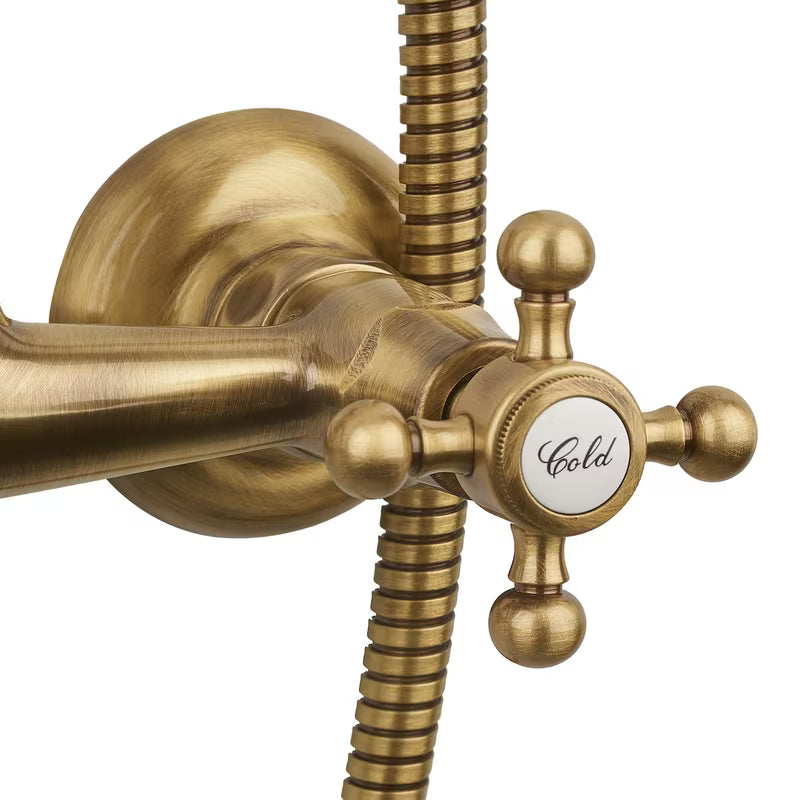 Paffoni Ricordi brončani tuš sustav u retro dizajnu s nadglavnim i ručnim tušem te zidnom slavinom.