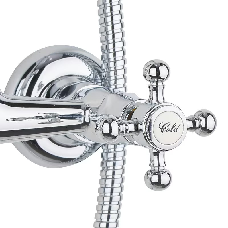 Metalni tuš sustav Paffoni Ricordi u retro dizajnu s nadglavnom i ručnom tuš slušalicom u izvedbi chrome.