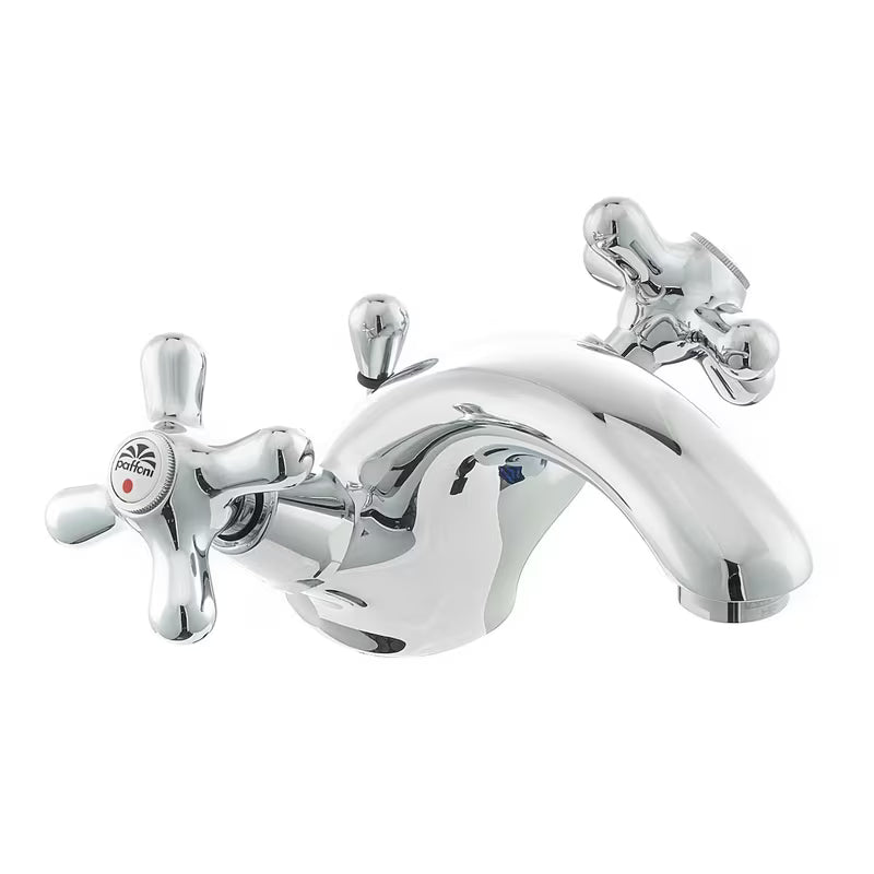 Kromirana ventilna stojeća miješalica za umivaonik Paffoni Ricordi s odvodom u retro dizajnu.