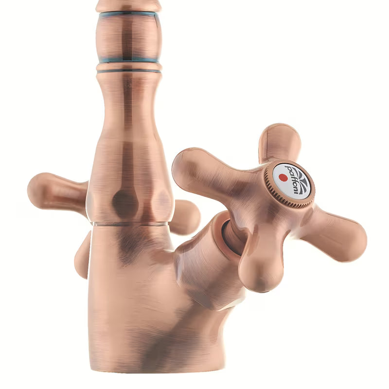 Ventilna stojeća miješalica za umivaonik Paffoni Ricordi u bakrenoj izvedbi u retro dizajnu.