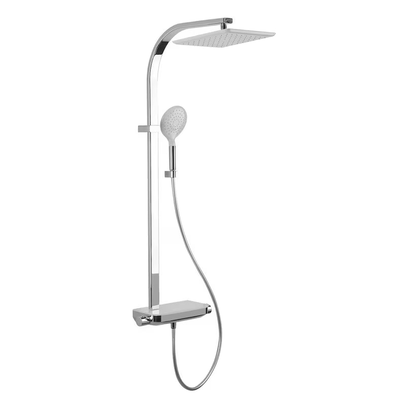 Tuš sustav Paffoni s termostatskom miješalicom u kromu, sa staklenom policom i nadglavnim tušem 28x28 cm.