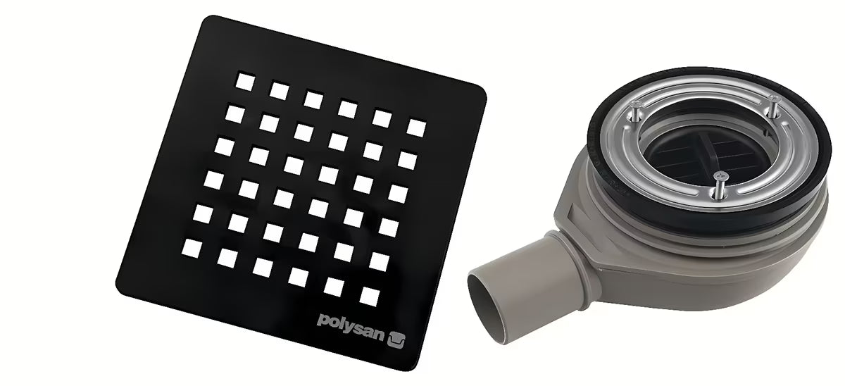 Polysan Flexia sifon za tuš kadu s crnim pokrovom od nehrđajućeg čelika pro odvodni otvor 90 mm