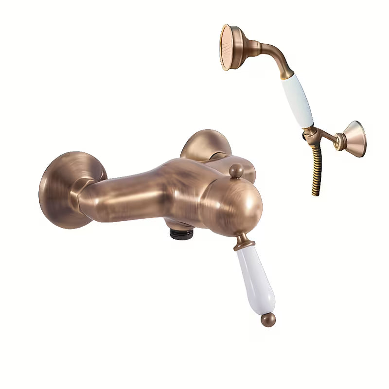 Tuš jednoručna baterija slavina Rav Slezak Labe u staroj mjedi s tuš setom pro za zidnu montažu.