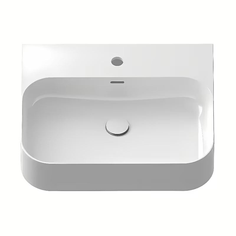 Bijeli tankostijeni keramički umivaonik Ravak Ceramic Slim na ploču s preljevom i otvorom pro za stojeću slavinu.