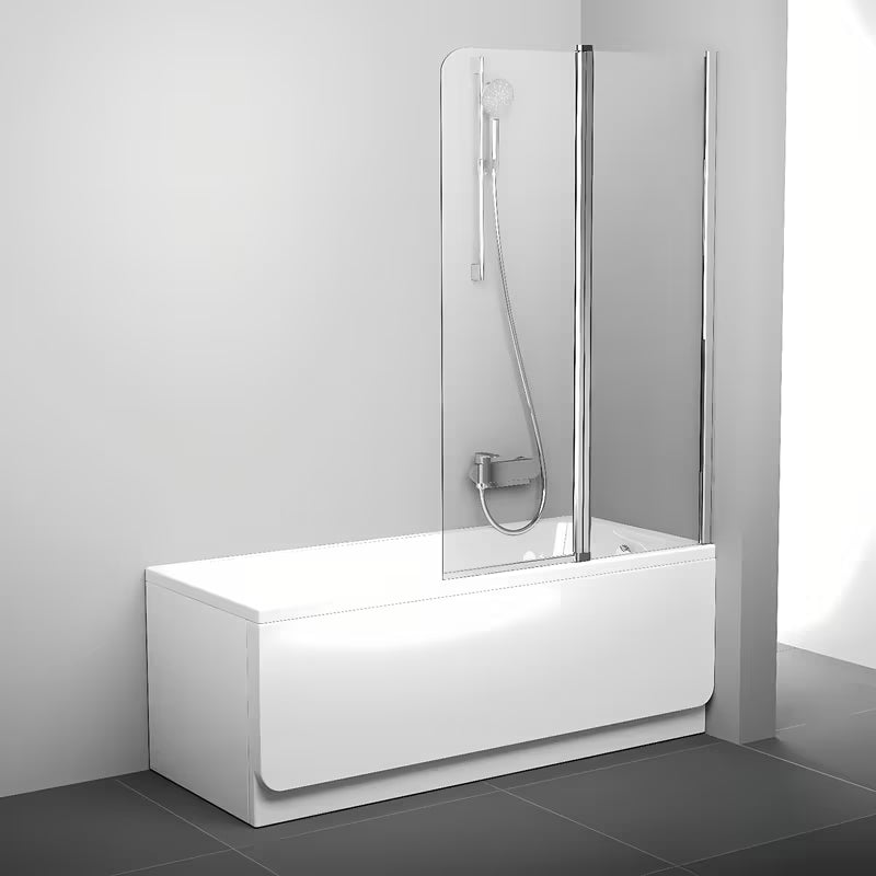 Dvodijelna paravan za kadu Ravak Chrome u sjajnom kromu s prozirnim sigurnosnim staklom i okretnim stupićem.