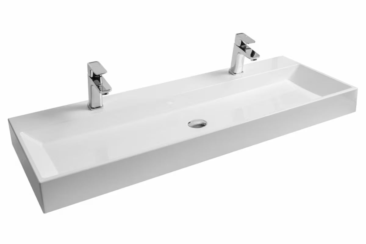 Bijeli viseće umivaonik za kupaonski ormarić Ravak Natural Duo 120x45 cm od lijevanog mramora bez preljeva