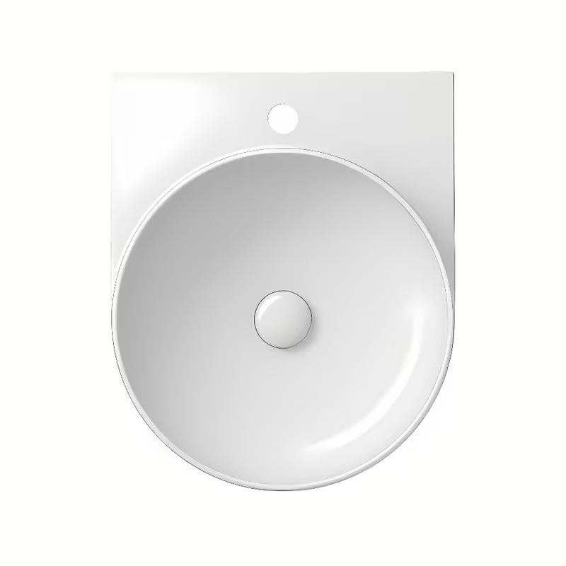 Bijeli keramički viseći umivaonik Ravak Yard 40 bez preljeva s otvorom pro za stojeću slavinu.