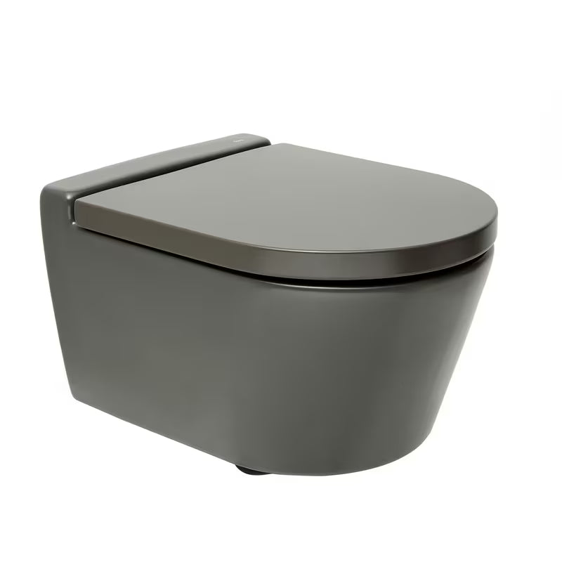 Viseća WC Školjka Roca Inspira u mat boji oniks s bezrubnom izvedbom Rimless i skrivenim pričvršćenjem.