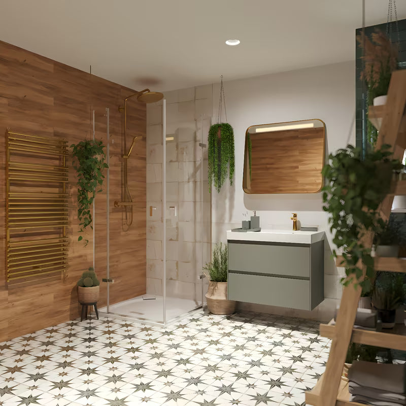 Viseća kupaonski ormarić s keramičkim umivaonikom Roca Ona u mat zelenoj boji.