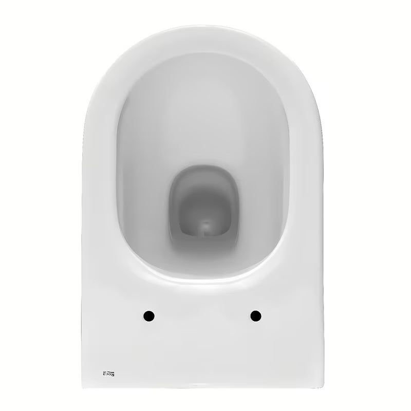 Bijeli viseća WC školjka Roca The Gap s Rimless izvedbom i sjajnom glaziranom površinom.