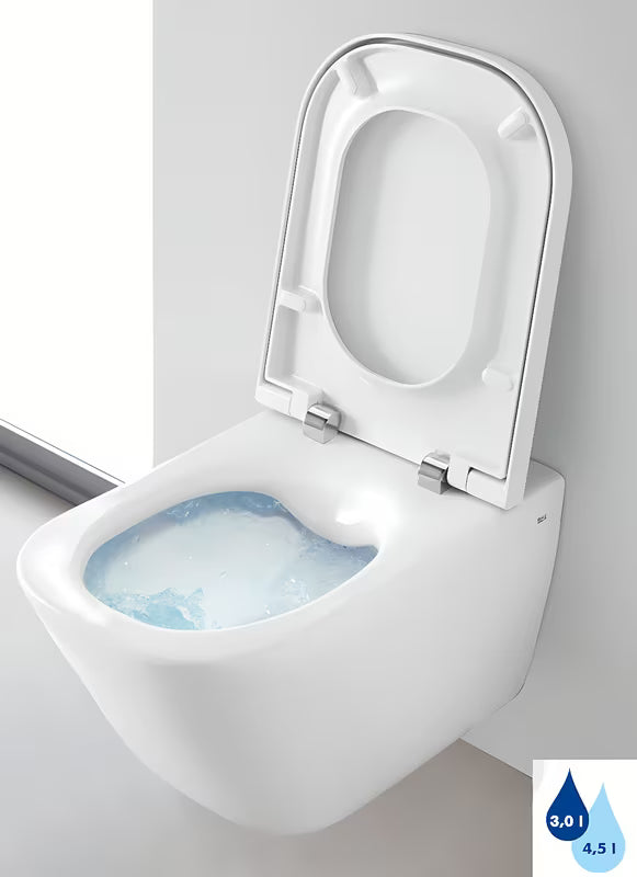 Bijeli viseća WC školjka Roca The Gap s Rimless izvedbom bez sustava za ispiranje i četvrtastim dizajnom