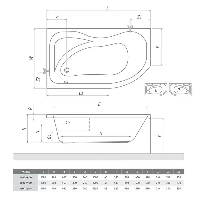 Roth Activa asimetrična kutna akrilna kada desna 170 x 90 cm
