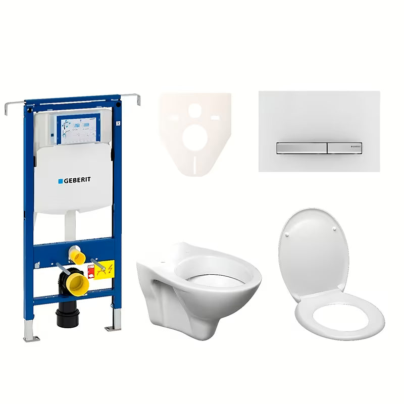 Viseći WC set S-Line Pro s modulom Geberit Duofix, sjedalom i tipkom za ispiranje Sigma 50 u bijeloj boji.