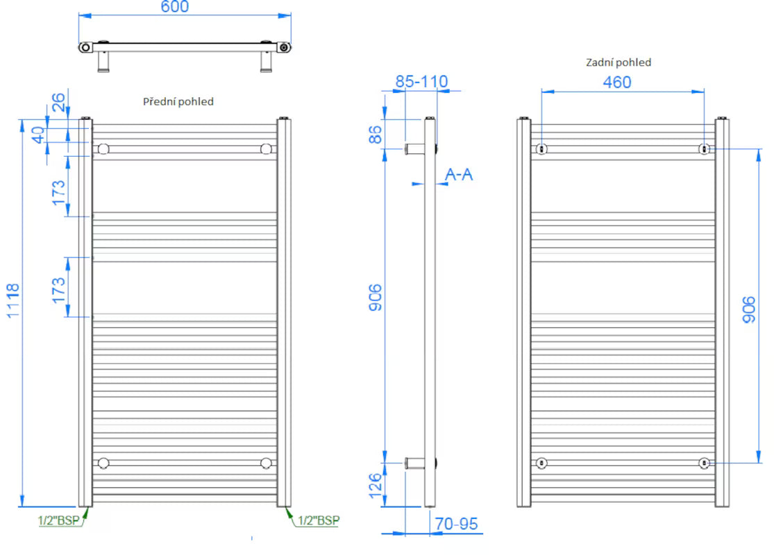 Kombinirani kupaonski radijator S-Line 600 x 1118 mm u krom izvedbi s ravnim profilom.