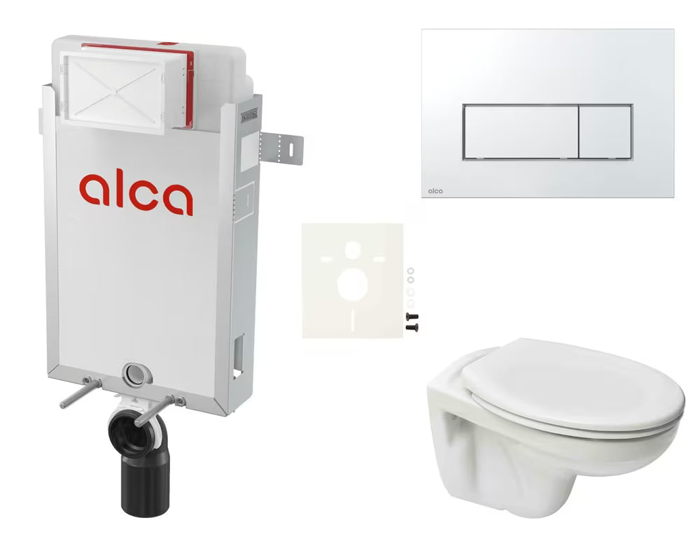 Viseći WC set S-Line Pro za ugradnju u zid sa skrivenim vodokotlićem i tipkom za ispiranje u sjajnoj krom izvedbi.