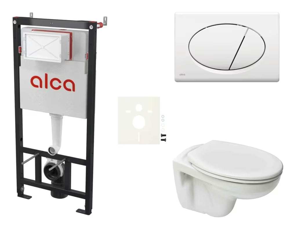 Viseći WC set S-Line Pro s modulom za lagane zidove, bijelom tipkom za ispiranje i sjedalom od duroplasta.