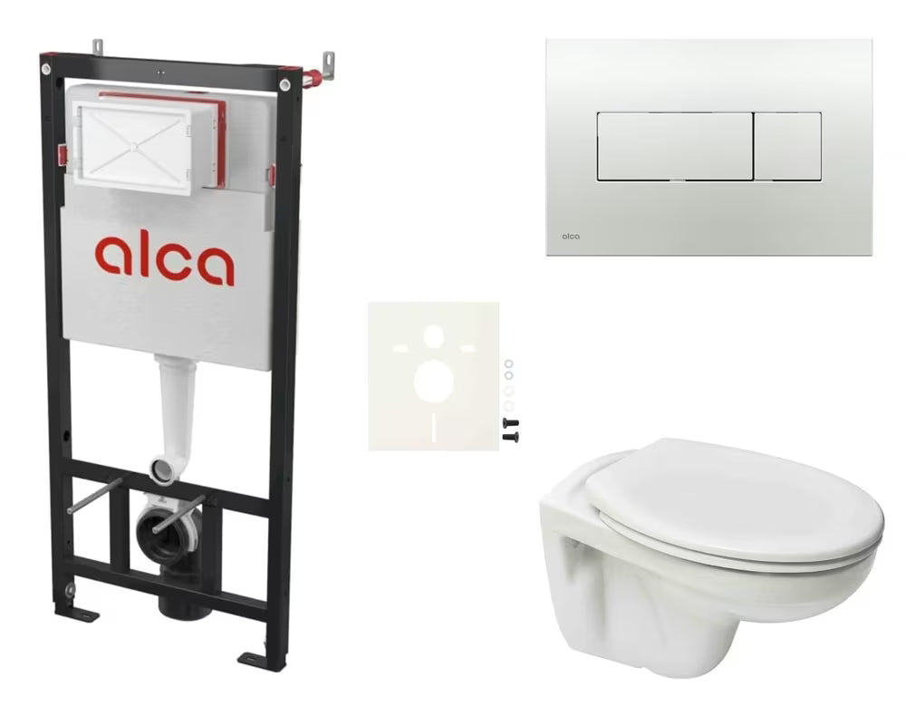 Viseći WC set S-Line Pro s Rimless ispiranjem, modulom za lagane zidove i kromiranom tipkom za ispiranje.
