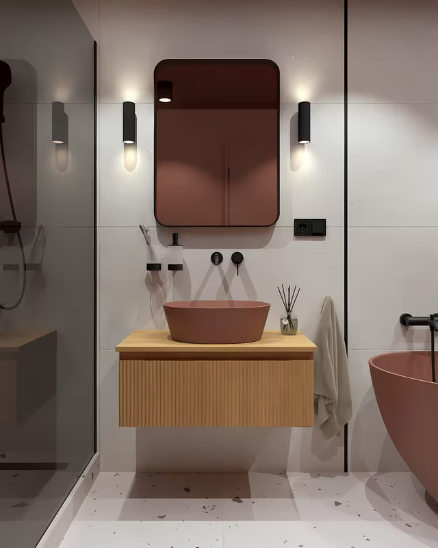 Ružičasti umivaonik na ploču SAT Aula od lijevanog mramora bez otvora za miješalicu i bez preljeva