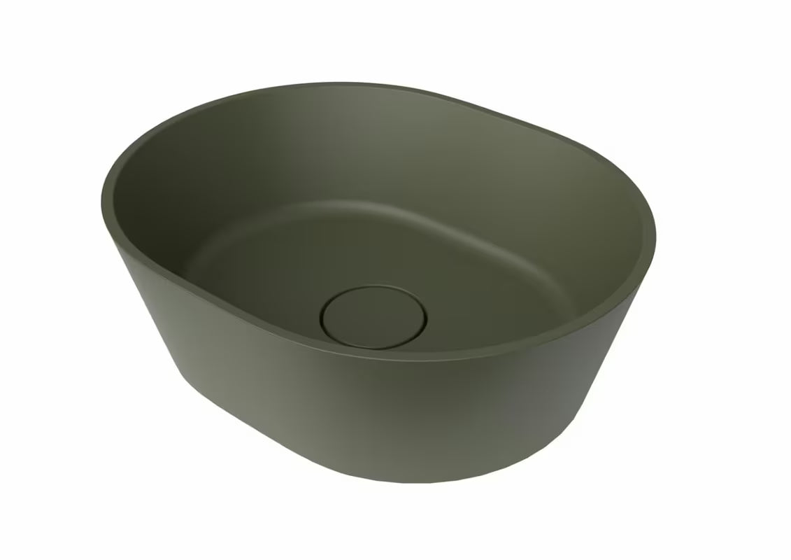 Zeleni umivaonik na ploču SAT Aula od lijevanog mramora bez otvora za miješalicu i bez preljeva