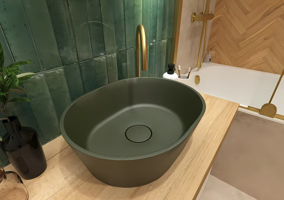 Zeleni umivaonik na ploču SAT Aula od lijevanog mramora bez otvora za miješalicu i bez preljeva