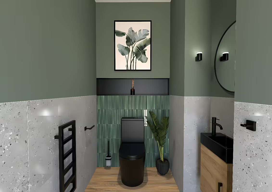 Ugradbena polica SAT Aurum u crnoj mat boji od nehrđajućeg čelika s okvirom oko niše.