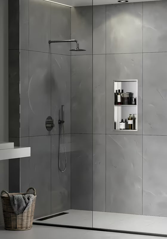 Ugradbena dvostruka tuš polica SAT Aurum od nehrđajućeg čelika u boji brušenog čelika s okvirom.