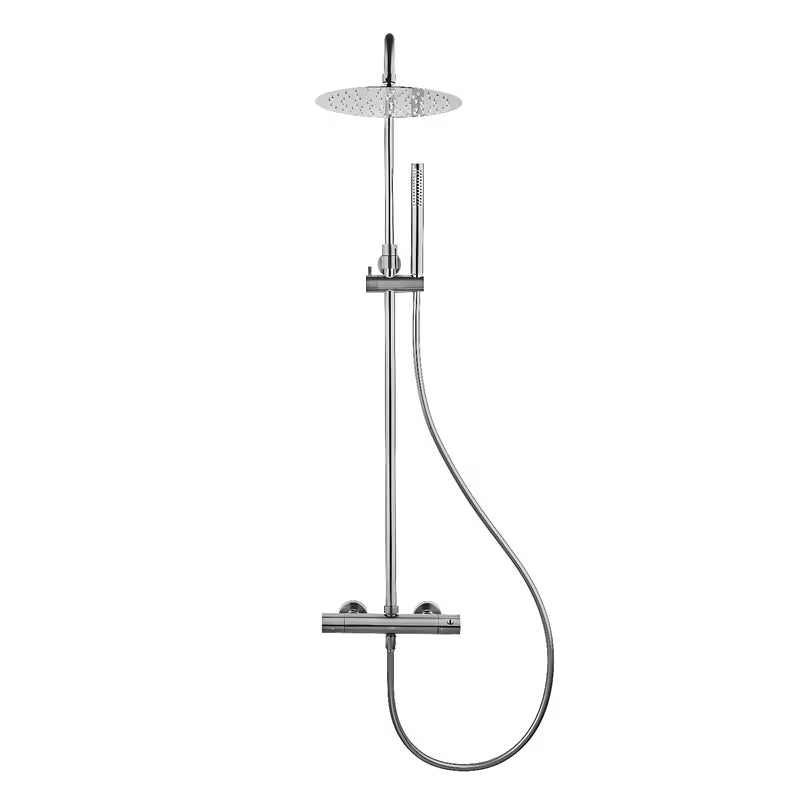 Tuš sustav SAT Aurum s termostatskom miješalicom u brušenoj izvedbi gun metal s nadglavnim i ručnim tušem.