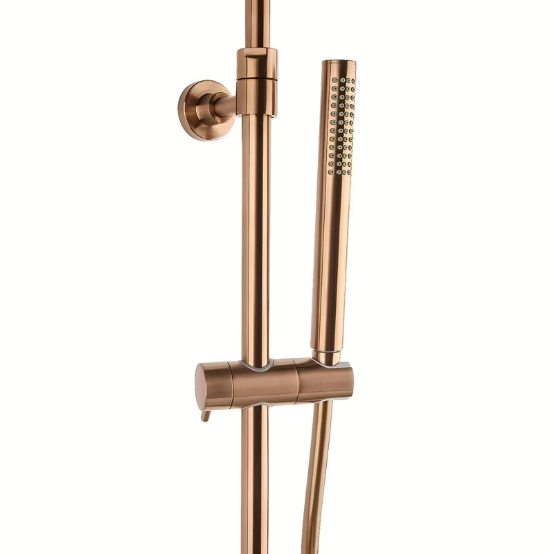 Tuš sustav SAT Aurum s termostatskom miješalicom u izvedbi rose gold brushed s nadglavnim i ručnim tušem.