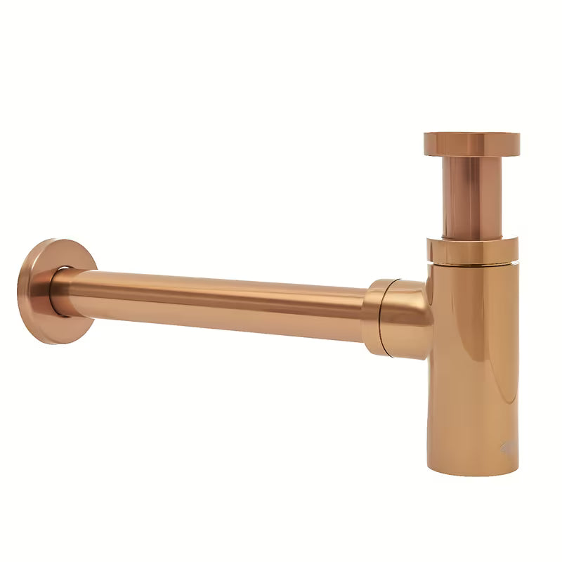 Mjedeni sifon za umivaonik SAT Aurum u boji rose gold, okruglog dizajna i promjera 32 mm.