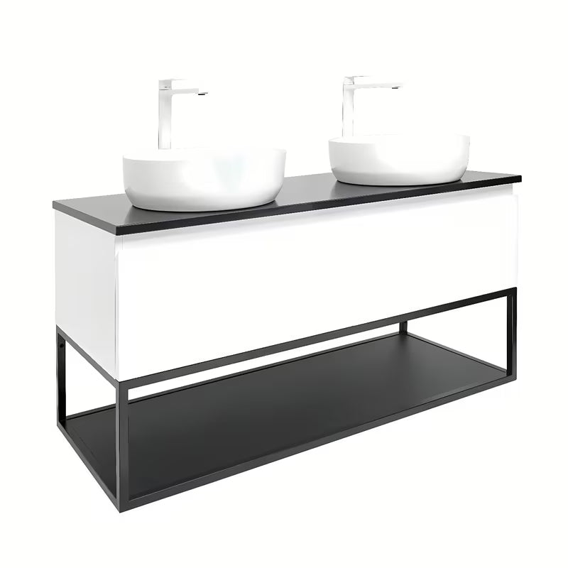 Viseća kupaonski ormarić SAT B-Way u sjajnoj bijeloj boji s pokrovnom pločom i s dva umivaonika na ploču