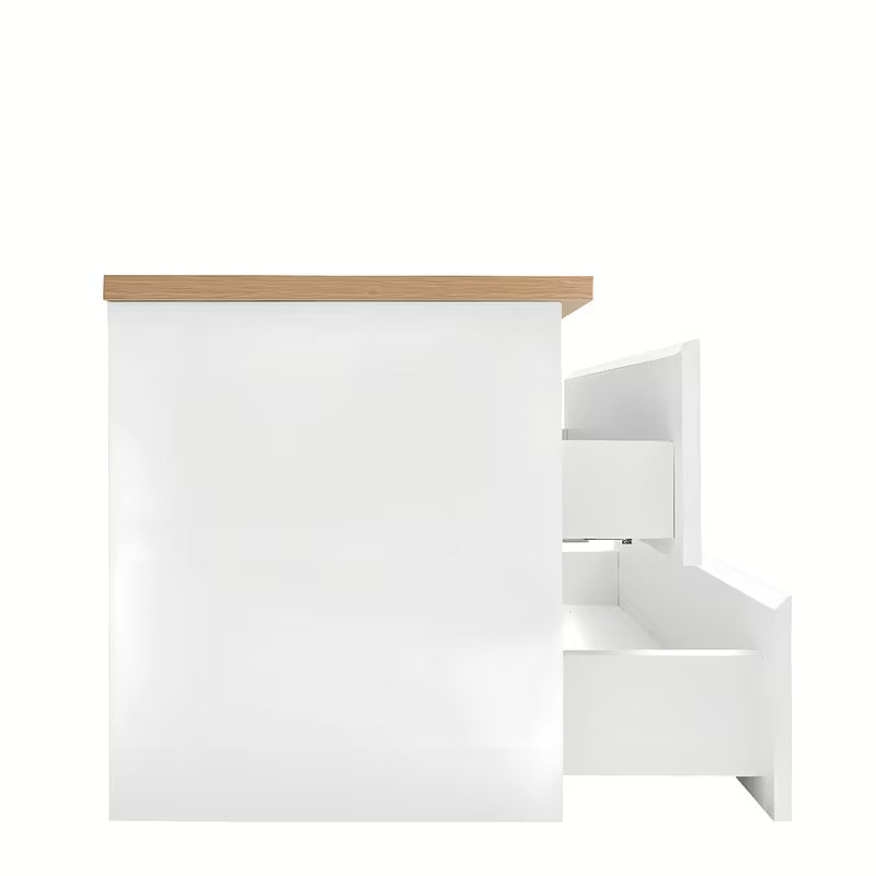 Viseća kupaonski ormarić SAT B-Way u sjajno bijeloj boji s hrastovom pokrovnom pločom i četiri ladice.