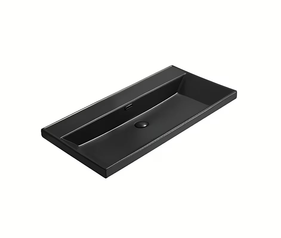 Namještajni keramički umivaonik SAT B-Way u mat crnoj boji, četvrtastog dizajna i s preljevom.