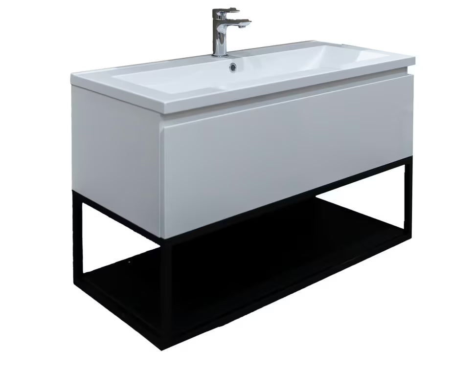 Bijela viseća ormarić s umivaonikom SAT B-Way s crnim metalnim okvirom i umivaonikom od lijevanog mramora.