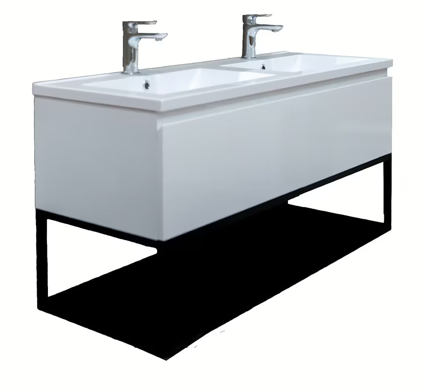 Viseća kupaonski ormarić SAT B-Way s dvostrukim umivaonikom od lijevanog mramora u sjajnoj bijeloj boji