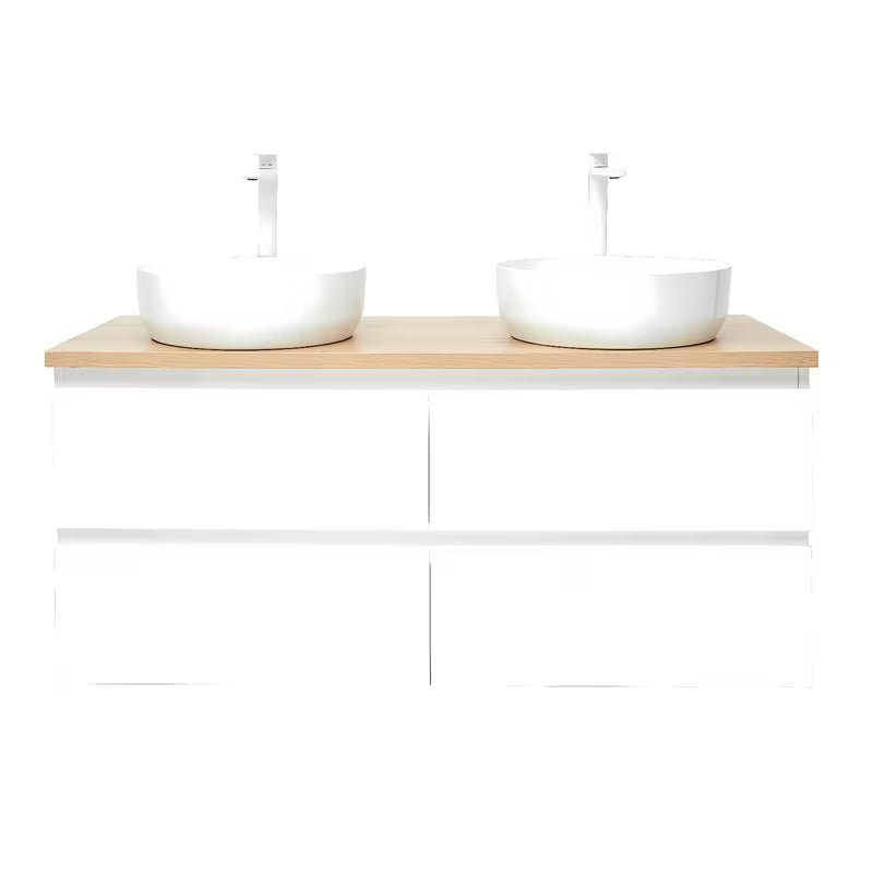 Viseća kupaonski ormarić SAT B-Way u sjajnoj bijeloj boji s hrastovom pločom i dva umivaonika na ploču