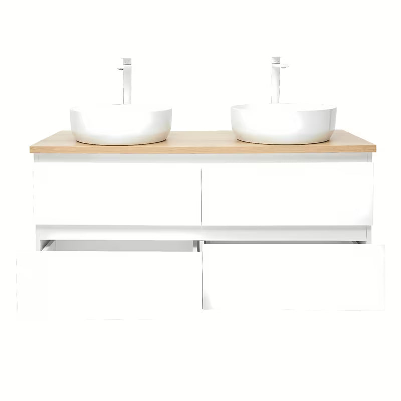 Viseća kupaonski ormarić SAT B-Way u sjajnoj bijeloj boji s hrastovom pločom i dva umivaonika na ploču